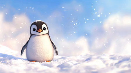 This cute little penguin stands proudly on a snowy landscape with a bright blue sky. The fluffy animal captures the essence of winter and innocence, perfect for nature and wildlife themes.の素材