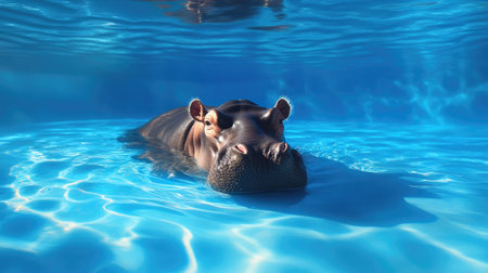 A magnificent hippo glides effortlessly in clear blue water, surrounded by sunlight, showcasing its serene beauty in an enchanting aquatic environment. Perfect for wildlife enthusiasts.の素材
