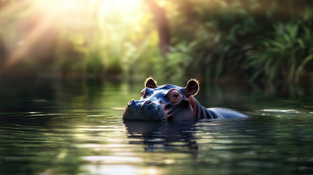 A serene hippo gracefully swims in calm waters, surrounded by lush greenery. Sunlight filters through the trees, creating a peaceful atmosphere.の素材
