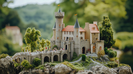 A beautiful miniature castle model sits atop a rocky outcrop, surrounded by lush greenery. The detailed architecture showcases charm and creativity, perfect for displays.の素材