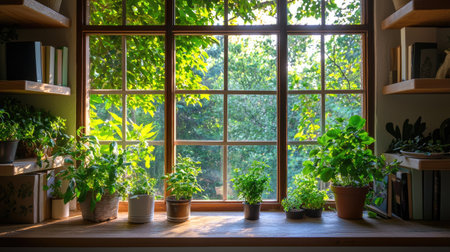 A serene window scene featuring lush green plants bathed in natural light, creating a calming indoor atmosphere ideal for relaxation and wellness.の素材