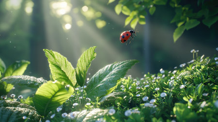 A beautiful ladybug hovers gracefully over vibrant green leaves and delicate flowers in a sunlit forest, capturing the essence of nature's tranquility.の素材