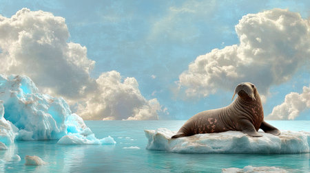 A majestic seal basks on an iceberg in a serene ocean landscape, with a beautiful sky filled with fluffy clouds, capturing the essence of wildlife in nature.の素材