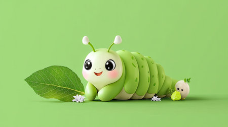 Adorable cartoon caterpillar character resting on a vibrant green background. The character looks joyful and playful, making it ideal for children's themes.の素材