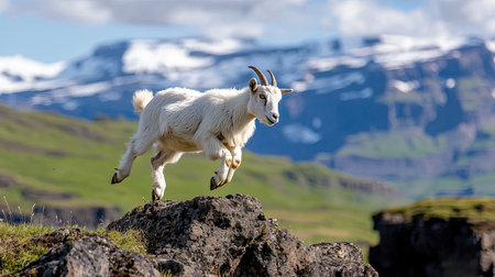 A lively goat leaps gracefully across rocky terrain, set against breathtaking mountain scenery. The vibrant green landscape and blue sky enhance the lively atmosphere.の素材