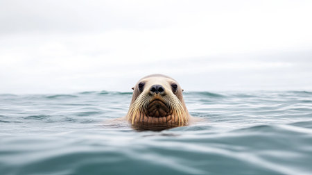 A curious seal emerges above the calm ocean surface, showcasing its face with a relaxed expression. The serene atmosphere highlights the beauty of marine wildlife.の素材