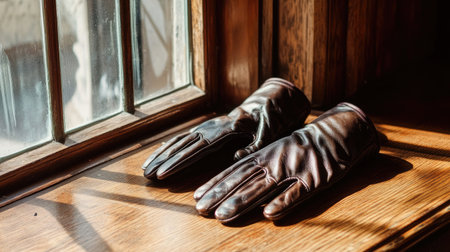A pair of elegant leather gloves rests on a sunlit wooden windowsill, showcasing rich textures and warm tones, perfect for a cozy and stylish atmosphere.の素材