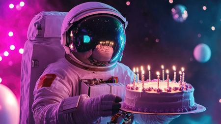 An astronaut joyfully celebrates a birthday in outer space, holding a colorful cake adorned with candles. The scene blends whimsy and wonder with a cosmic backdrop.の素材