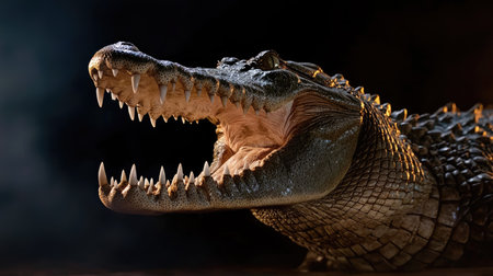 A striking close-up of an alligator displaying its impressive teeth while opening its mouth. This captivating reptile evokes a sense of danger and raw nature.の素材