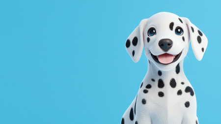 Cheerful cartoon Dalmatian dog character with a big smile against a bright blue background. Perfect for children's themes, pet projects, and more.の素材