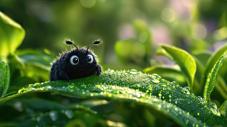 A delightful cartoon insect rests on a lush green leaf adorned with glistening dew drops, capturing a whimsical essence of nature's beauty and tranquility.の素材