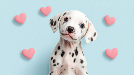 Adorable Dalmatian puppy surrounded by pink hearts on a light blue background. This image captures the essence of playfulness and love. Perfect for pet-related themes.の素材