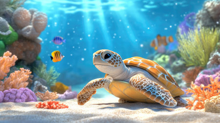A beautiful sea turtle glides gracefully through a vibrant coral reef, showcasing the rich biodiversity of underwater life. Brightly colored fish and coral surround this serene ocean scene, perfect for nature enthusiasts and marine lovers.の素材