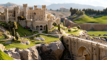 Explore the beauty of a detailed miniature castle model set against a stunning landscape. This artistic creation showcases intricate stonework and scenic details.の素材