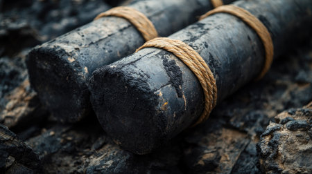 Close-up of a dynamite bundle used in mining operations, focus on textures with space for text.の素材