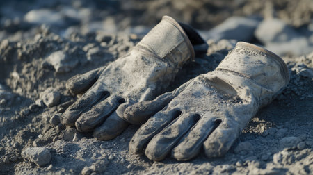 Close-up of industrial safety gloves covered in mining dust, laid on rocky terrain.の素材
