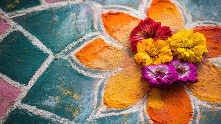 Close-up of colorful rangoli patterns with vibrant powders and flowers, ample space for text.の素材