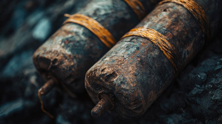 Close-up of a dynamite bundle used in mining operations, focus on textures with space for text.の素材