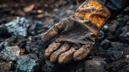 Close-up of industrial safety gloves covered in mining dust, laid on rocky terrain.の素材