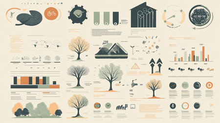 This engaging infographic blends nature and data visualization, featuring trees, graphs, and symbols that represent sustainability and environmental themes. Perfect for educational projects.の素材