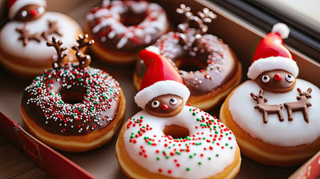 This image features festive holiday donuts adorned with chocolate and vanilla frostings, Santa hats, and playful reindeer faces, perfect for winter celebrations.の素材