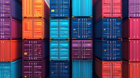 Vibrant image of stacked shipping containers displaying a mix of colors, symbolizing the shipping industry and global trade, ideal for logistics and transportation projects.の素材