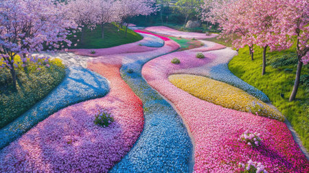 A stunning garden featuring vibrant pathways adorned with a variety of colorful flowers, creating an enchanting landscape that invites exploration and tranquility.の素材