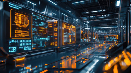 A futuristic technology lab featuring interactive displays with neon orange graphics, showcasing an immersive high-tech environment for innovation and development.の素材