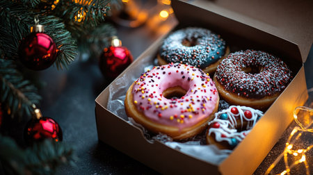 A delightful selection of festive donuts nestled in a decorative box, surrounded by sparkling lights and Christmas ornaments, perfect for holiday celebrations and sweet moments.の素材