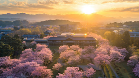 Experience the captivating beauty of cherry blossom trees illuminated by the golden sunrise, creating a serene atmosphere against a stunning mountain backdrop.の素材