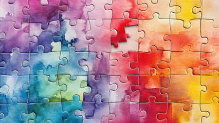 Vibrant watercolor puzzle pieces create a striking backdrop with blended shades of colors. Ideal for creative endeavors and artistic projects, this colorful design inspires imagination.の素材