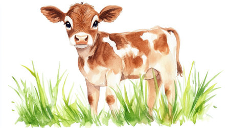 A charming illustration of a young brown and white calf standing in green grass, showcasing its innocence and cuteness in a vibrant watercolor style, perfect for farm-themed projects.の素材