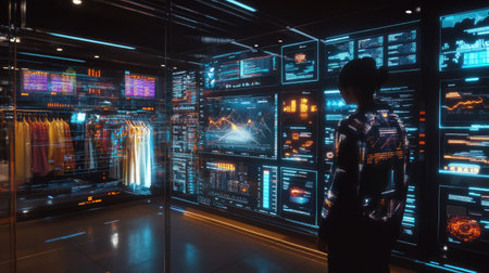A futuristic data analysis room filled with digital displays and graphs, showcasing complex information visualizations as an individual examines insightful metrics in a modern workspace.の素材