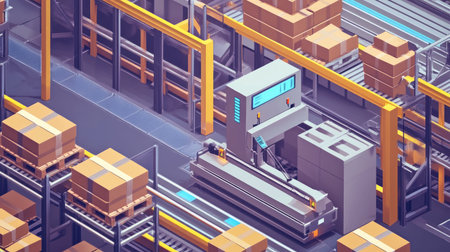 Modern automated warehouse showcasing advanced machinery, conveyor systems, and organized cardboard boxes for seamless logistics and efficient supply chain operations.の素材