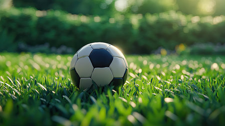 A classic black and white soccer ball rests on vibrant green grass illuminated by soft morning light, perfect for capturing the spirit of outdoor sports and joyful play.の素材