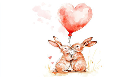 This charming watercolor artwork features two rabbits embracing under a heart-shaped balloon, evoking feelings of love and joy, ideal for romantic themes or celebration cards.の素材