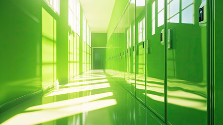 A bright green hallway featuring sleek lockers and ample natural light creates an inviting atmosphere, perfect for schools, offices, or creative environments that inspire productivity.の素材