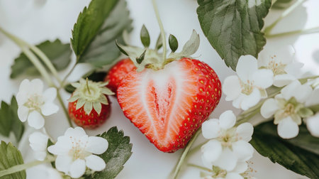 Bright red strawberries with a halved piece in focus, accented by green foliage and blossoms on a neutral white background.の素材
