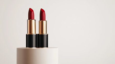Close-up of 3D lipsticks standing upright on a cylindrical podium against a crisp white background.の素材
