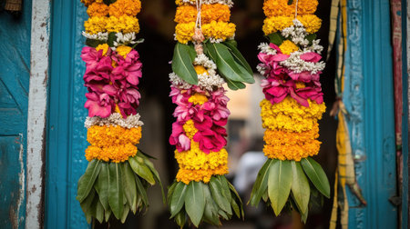 Close-up of a traditional toran made of flowers and mango leaves hung on a doorway.の素材