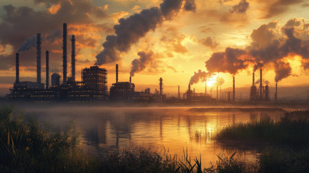 Stunning industrial scene depicting factories against a vibrant sunset, highlighting smoke trails and reflections on calm water, with lush greenery framing the view.の素材