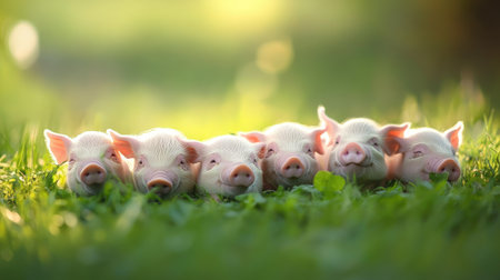 A delightful scene of five piglets lying together on lush green grass, captured in soft natural light, evoking a sense of innocence, playfulness, and tranquil farm life.の素材