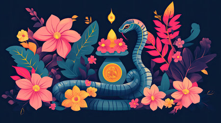 This vibrant illustration features a snake intertwined among colorful flowers and a glowing candle, creating a beautiful and serene atmosphere, ideal for various design projects.の素材