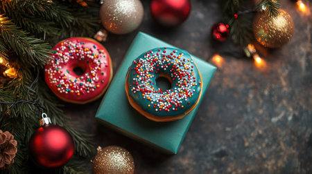 Delight in two festive donuts featuring colorful icing and sprinkles, artfully placed on a green gift box amid charming holiday ornaments and pine branches.の素材