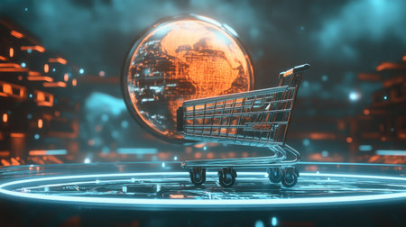 A futuristic shopping cart against a glowing digital backdrop symbolizes the evolution of global e-commerce. This image captures the essence of online shopping in a vibrant, technological world.の素材
