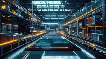 Explore a cutting-edge warehouse environment showcasing advanced technology, neon lighting, and a streamlined design for efficient logistics and supply chain management.の素材