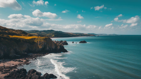 Serene coastal scene showcasing calm waters meeting rocky shores, surrounded by lush hills under a bright sky, perfect for travel enthusiasts and nature lovers.の素材