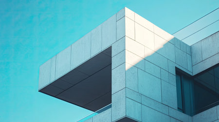 A striking view of modern architecture showcasing geometric shapes and sharp angles against a bright blue sky, emphasizing clean lines and natural light.の素材