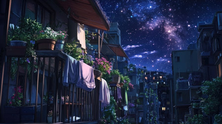 A breathtaking view of an urban setting featuring balconies adorned with flowers and hanging clothes, under a stunning starry night sky, creating a serene and enchanting atmosphere.の素材