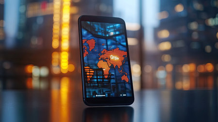 A sleek smartphone showcases a vibrant world map on its screen, set against a backdrop of glowing urban buildings, highlighting technology and global connectivity.の素材